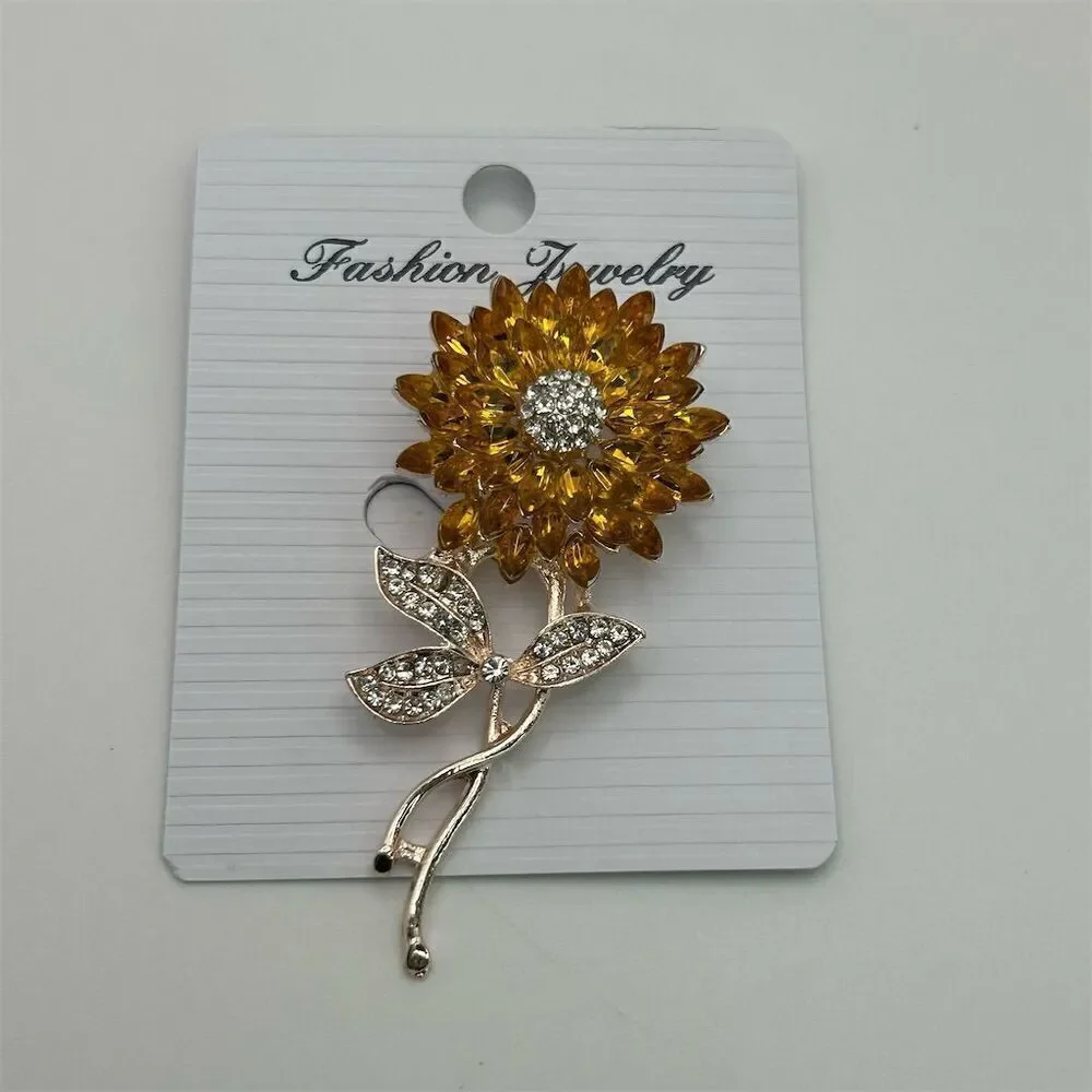 Beautiful Statement Sunflower Brooch Gold Tone with Rhinestones Vibrant Sunshine